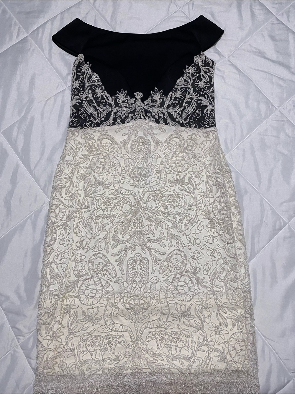 Tadashi Shoji Black Dress with Cream Lace Detail size 10